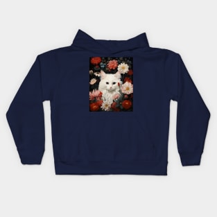 Feline Garden Delight: Retro Vintage Fluffy White Cat surrounded in Flowers Kids Hoodie